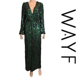 WAYF The Carrie Sequin Long Sleeve Gown NWT Green Small